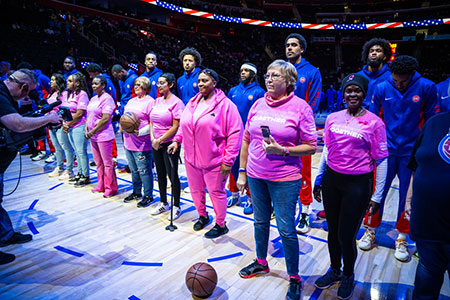 Yolanda was recognized as a breast cancer survivor at the Detroit Pistons Breast Health game in 2023