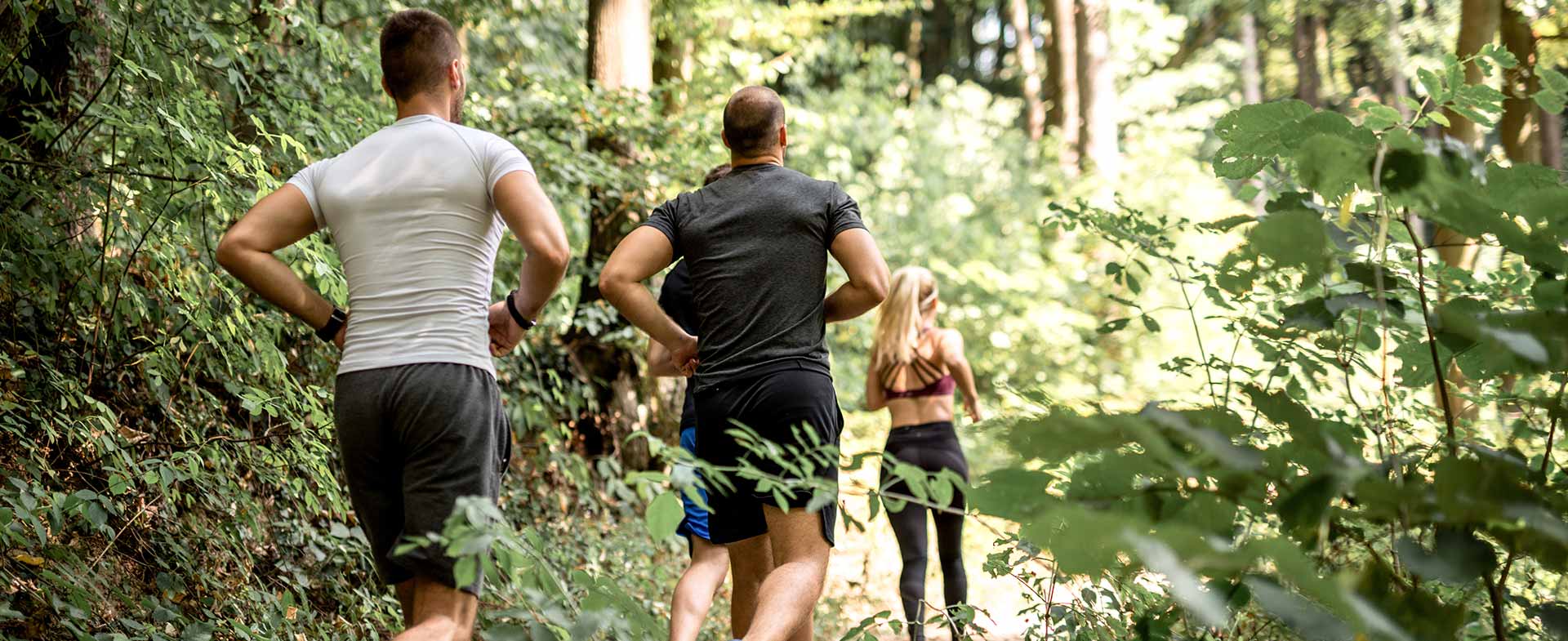 group jogging in forest