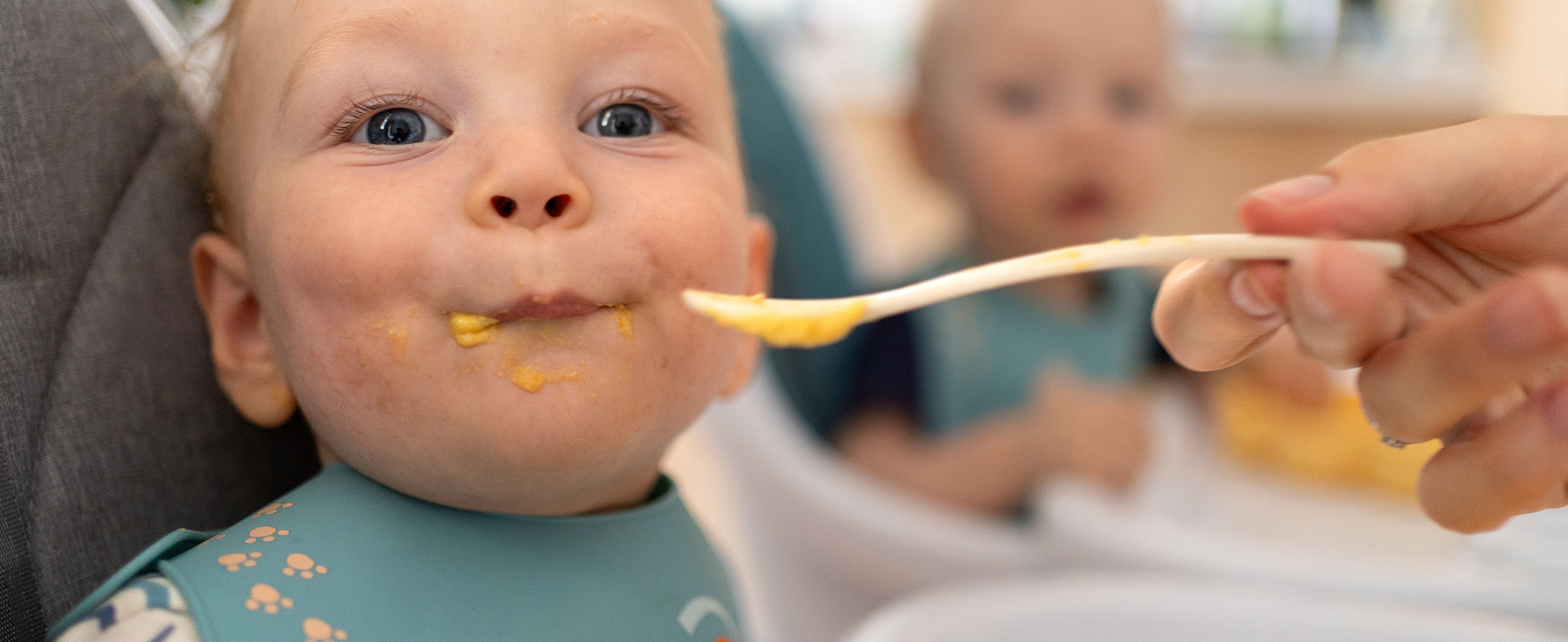 Baby eating an orange-ish yellow colored puree from a spoon and wearing a blue bib. An adult hand is holding the spoon. dummy desktop Image