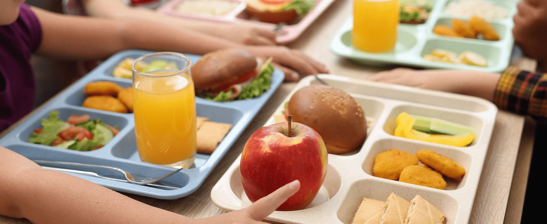 Close-up photo of school lunch tray, including an apple, cut up peppers and cucumbers, hamburger and chicken nuggets. dummy desktop Image