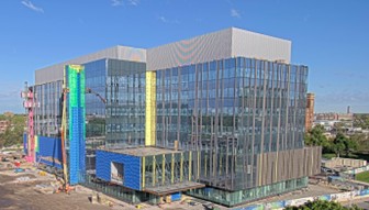 The construction progress of the exterior of Henry Ford Health + MSU Health Sciences Research Center
