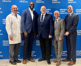 (from left) Dr. Marwan Abouljoud, Lt. Gov. Garlin Gilchrist II, Henry Ford Health President & CEO Bob Riney, transplant recipient David Galbenski, Sen. Kevin Hertel 